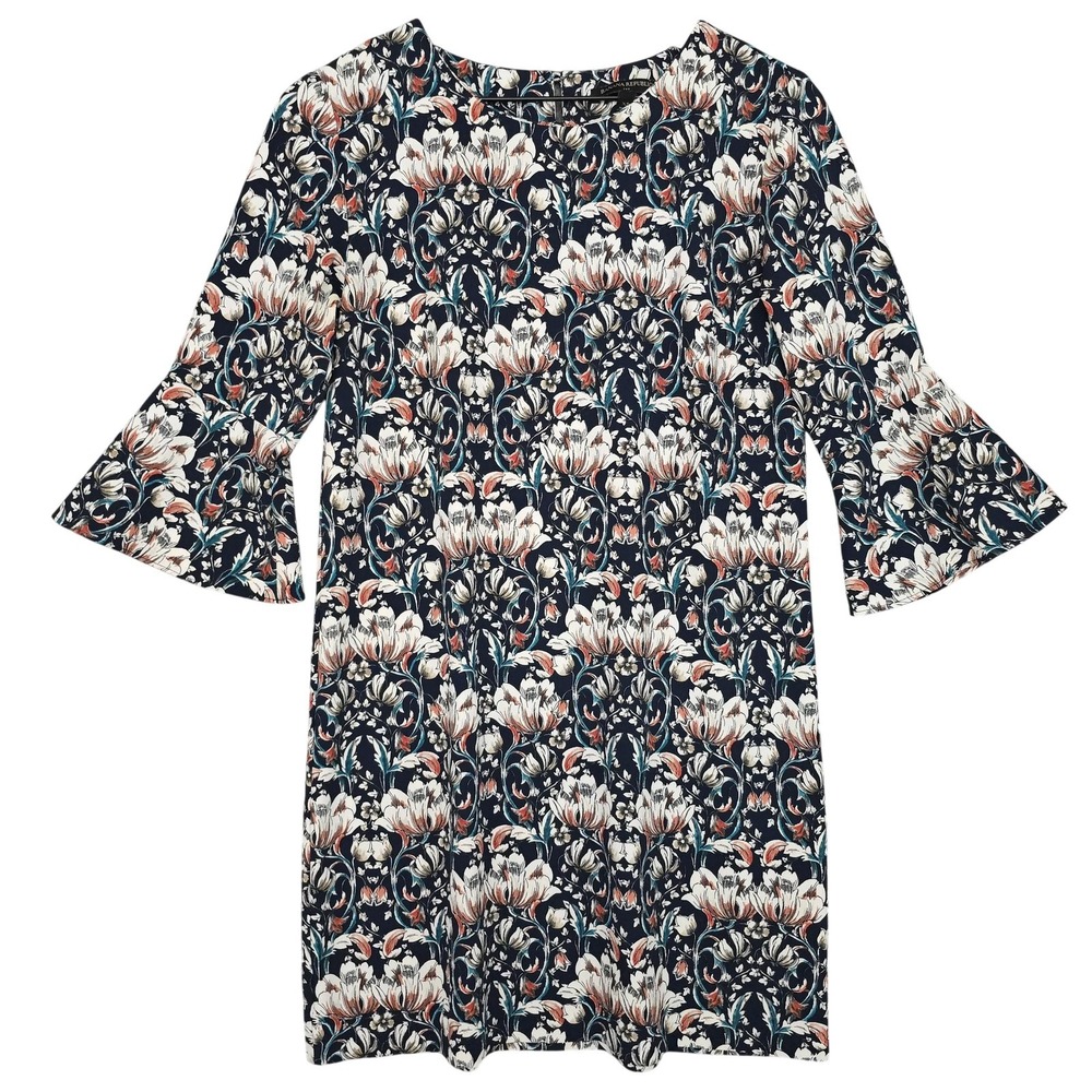 Banana Republic Dress‎ Womens XS Blue Floral Bell Sleeve Shift 3/4 Sleeve Office